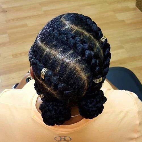 Double Cornrow Braided Buns With Gold Cuffs
