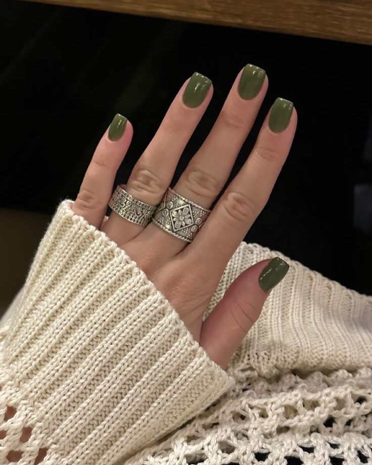 Earthy Olive Green Solid Glossy Nails