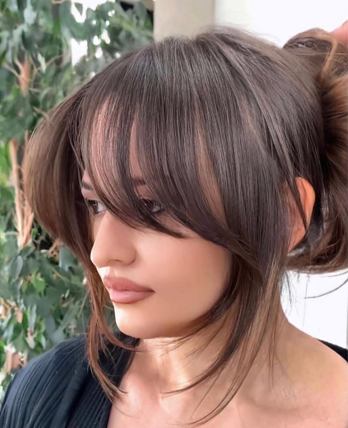 Effortless Chocolate Brown Curtain Bangs and Bun
