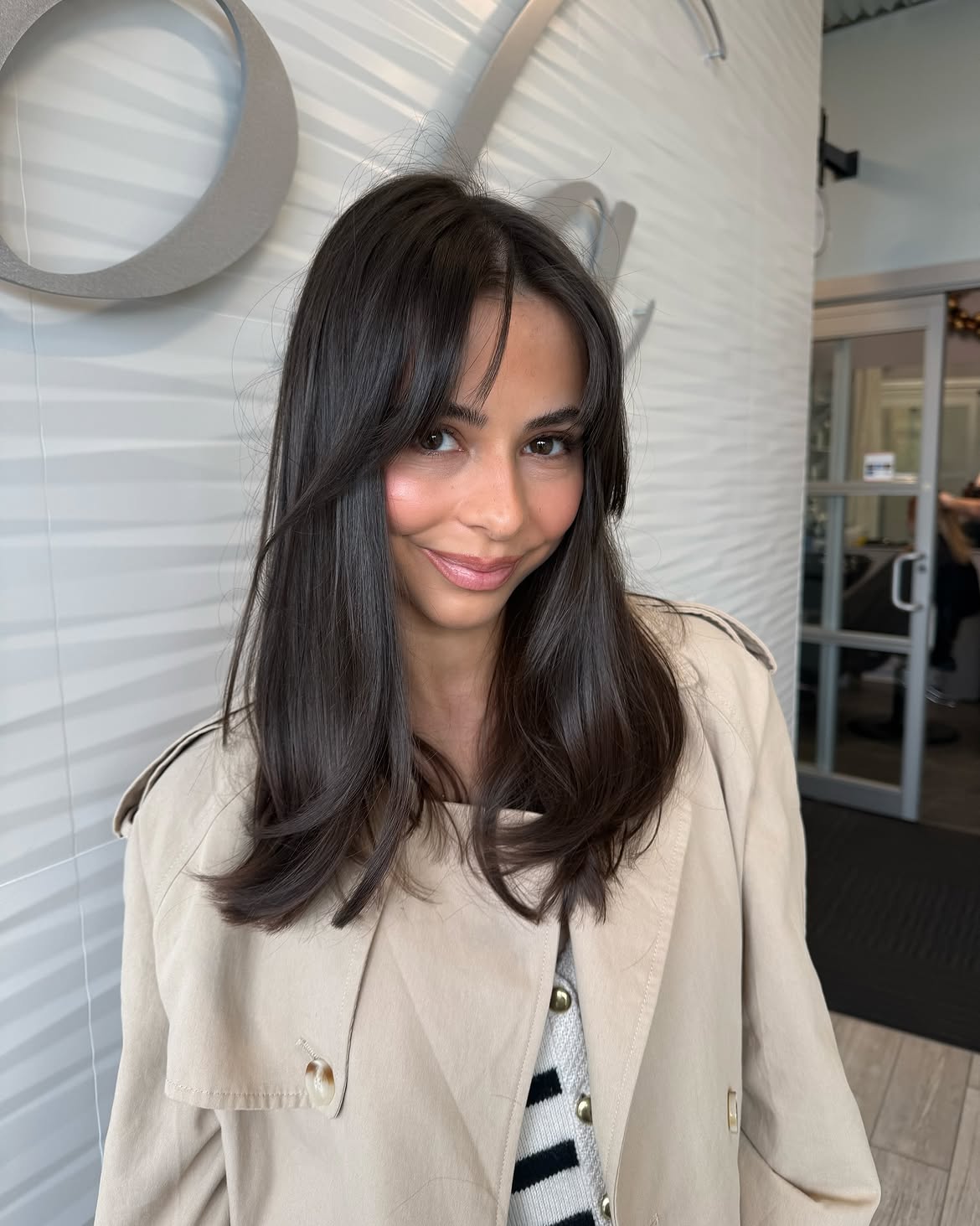 Effortless Side Swept Bangs With Dark Brown Waves