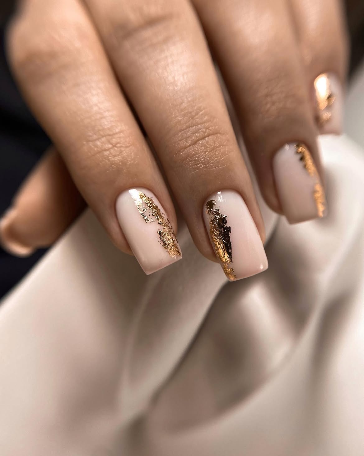 Elegant Beige Square Nails with Gold Foil Accents