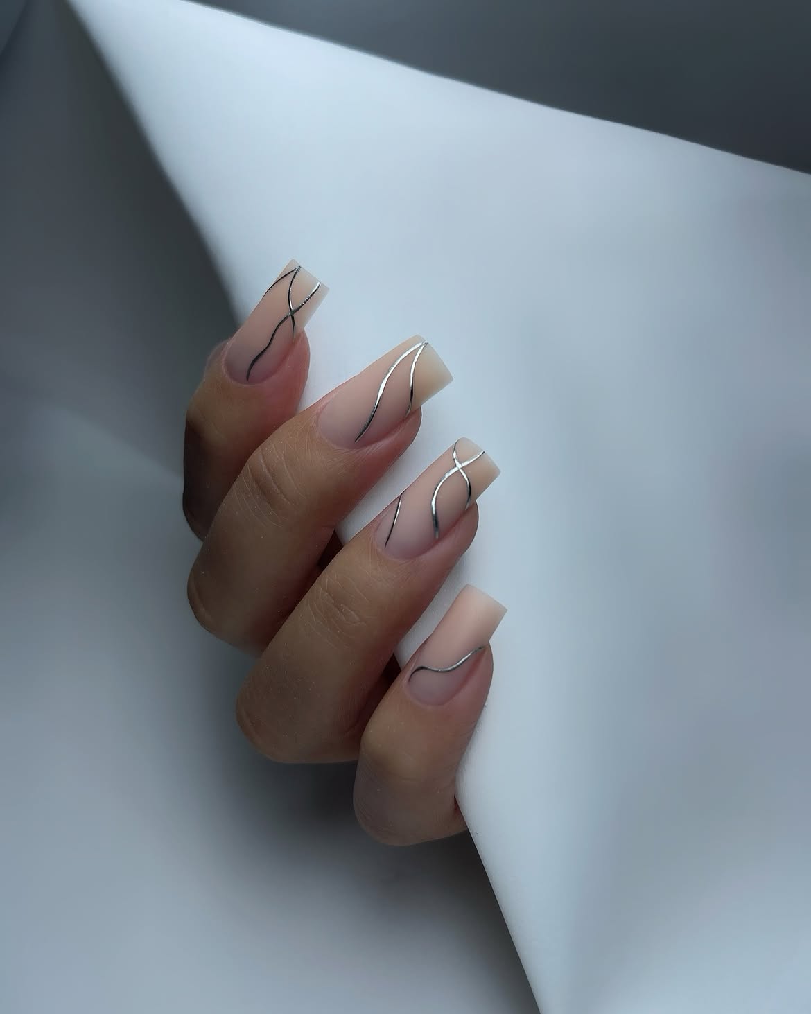 Elegant Nude Square Nails with Silver Swirl Art