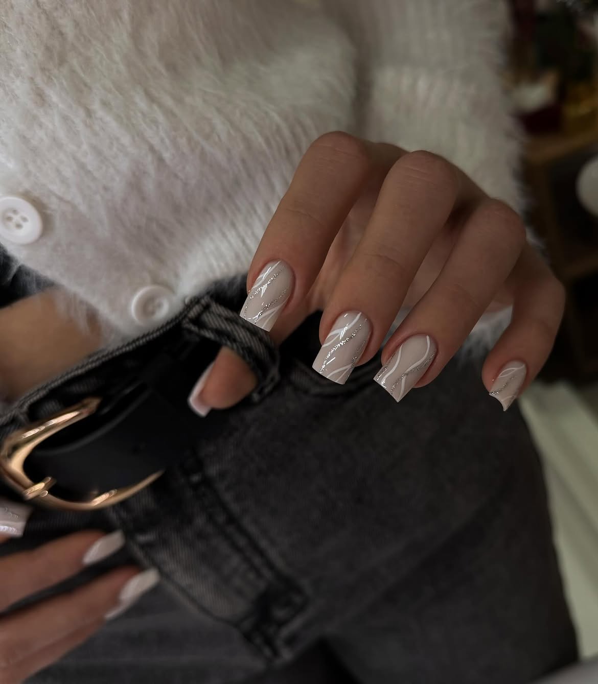 Elegant Nude Swirl Square Nails with Silver Glitter