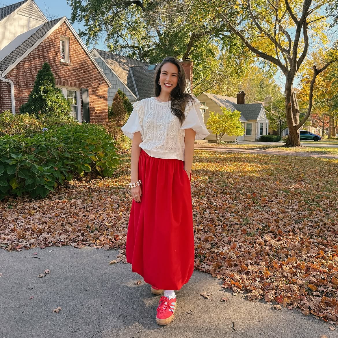 Festive Red Skirt And Cozy Knit Thanksgiving Outfit