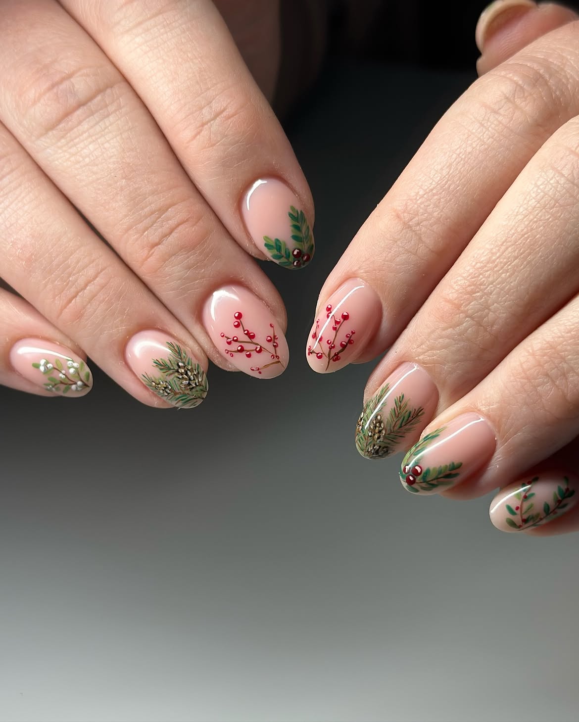 Festive Winter Berry and Pine Needle Nail Art