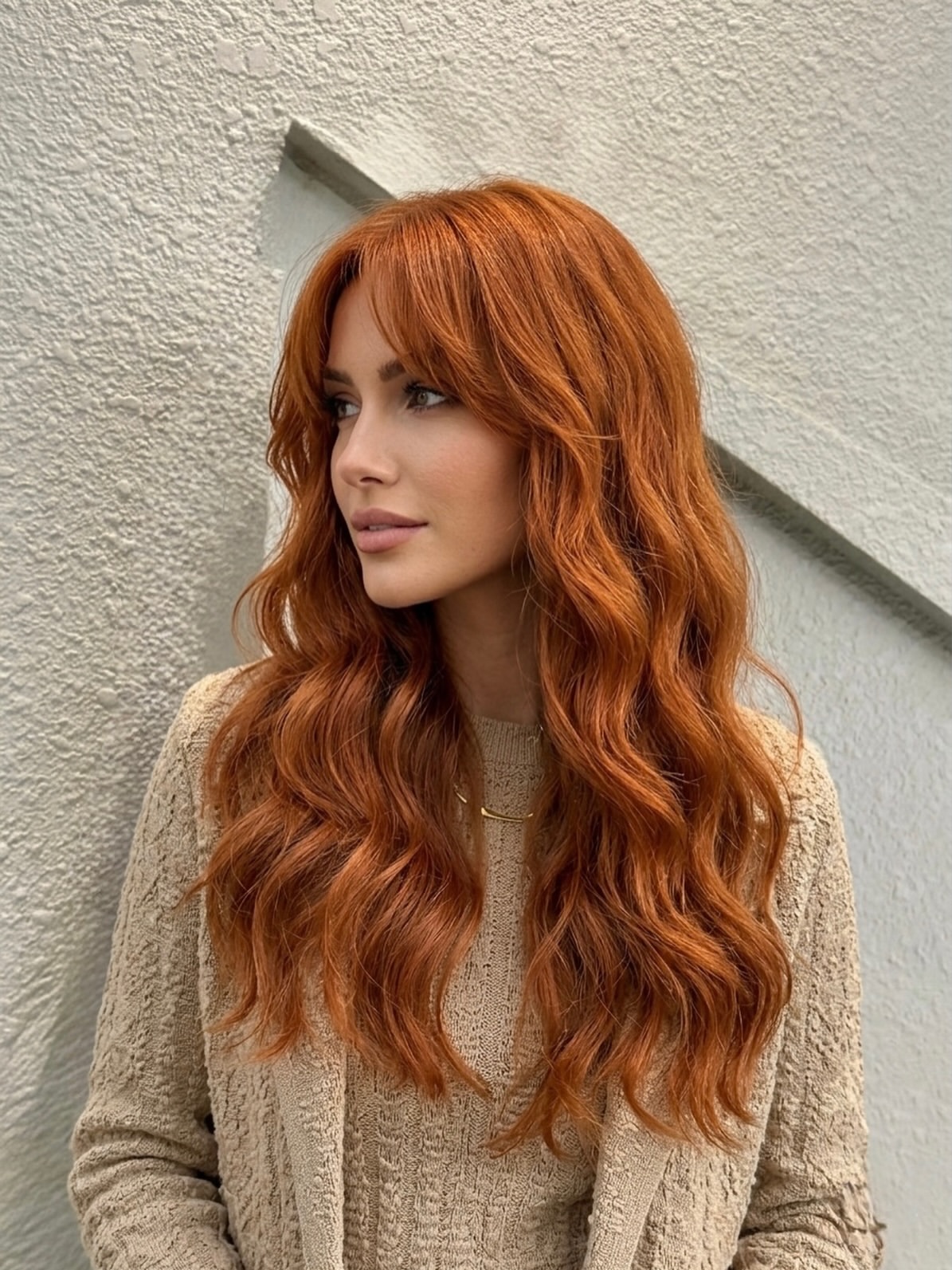 Fiery Copper Waves With Soft Face-Framing Bangs