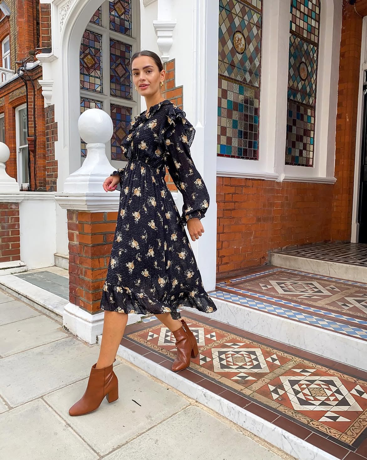 Floral Ruffle Midi Dress With Brown Ankle Boots