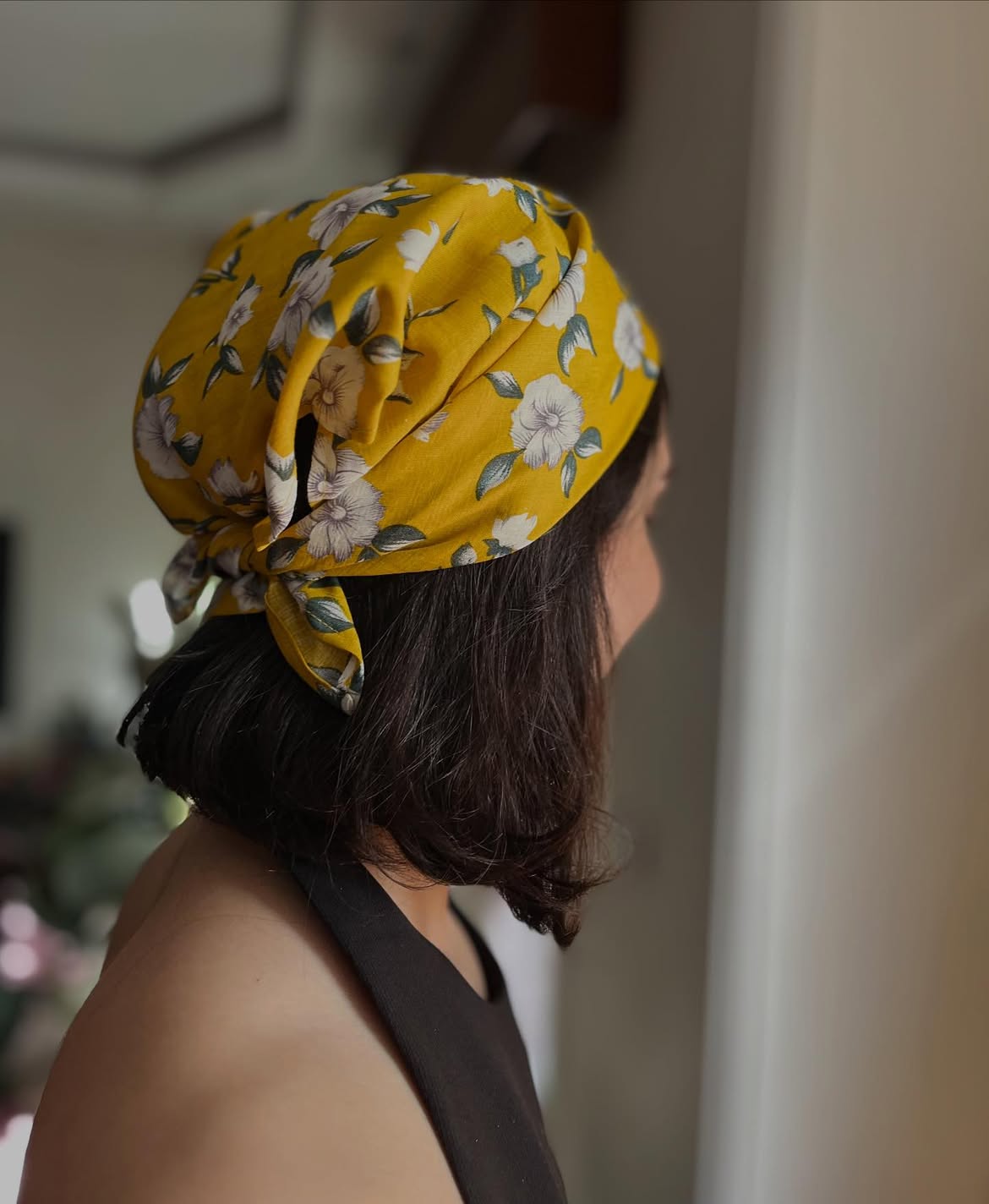 Floral Scarf Styling On Textured Brunette Bob