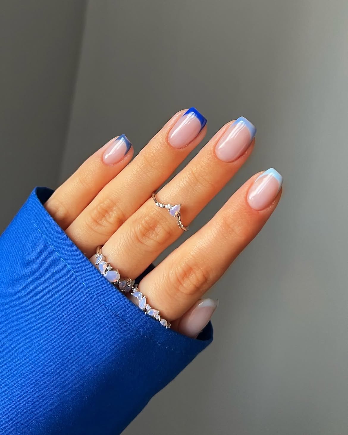 French Ombre Blue Tips Short Almond Nails
