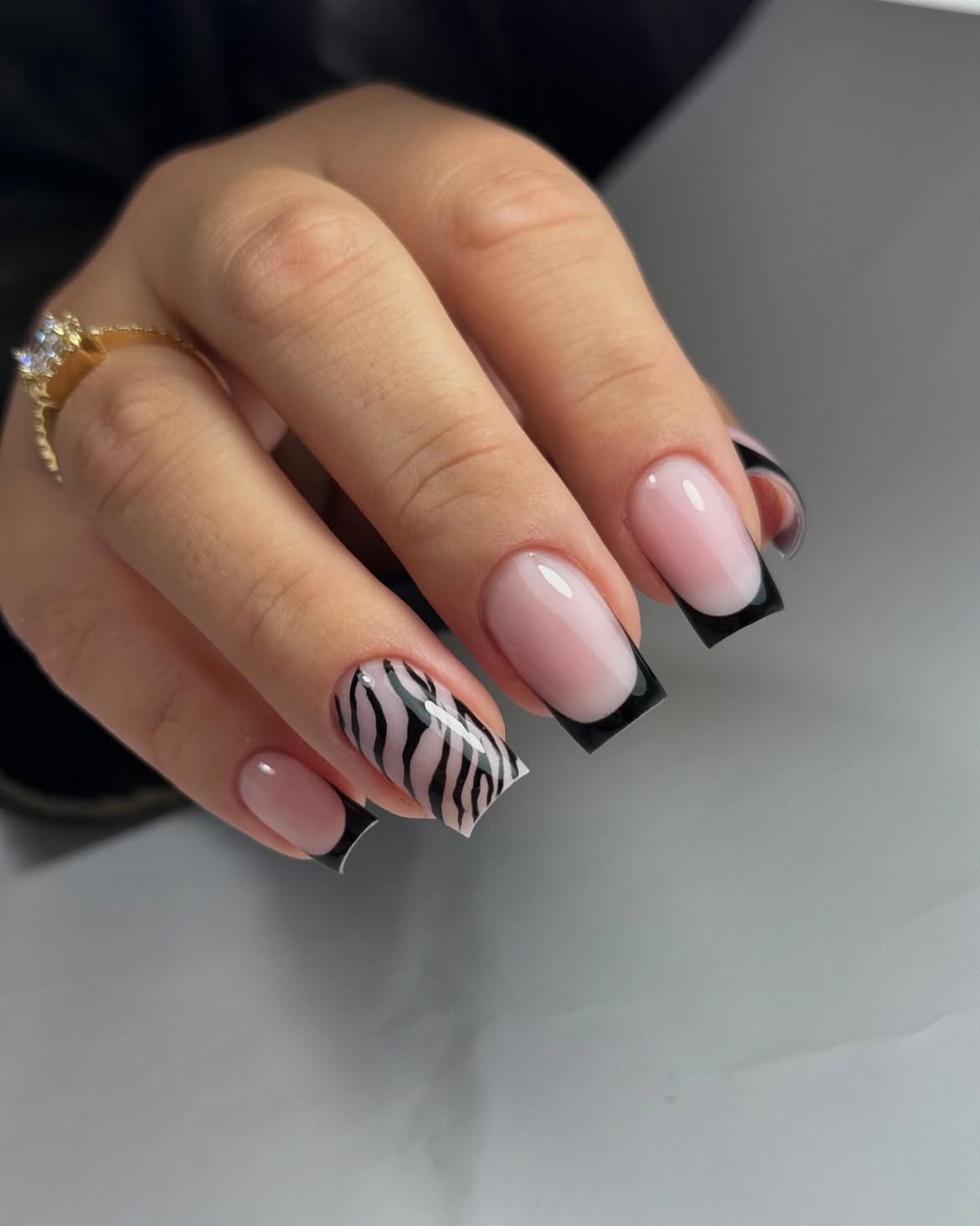 French Tip Zebra Print Square Nails
