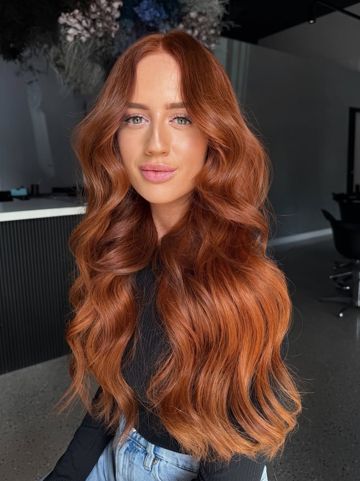 Glamorous Copper Waves With Voluminous Face Framing Layers