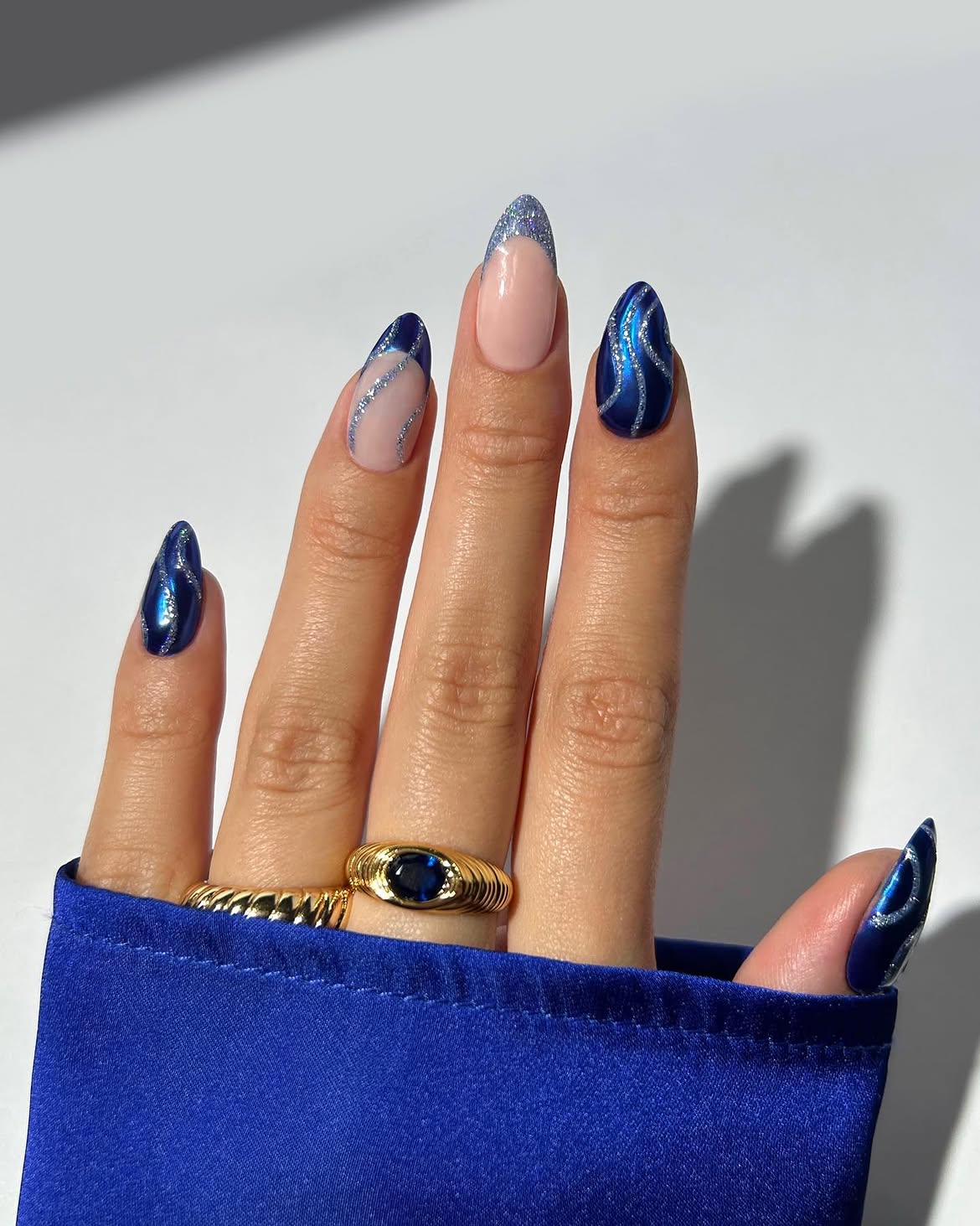 Glitter French Tips With Deep Blue Swirls