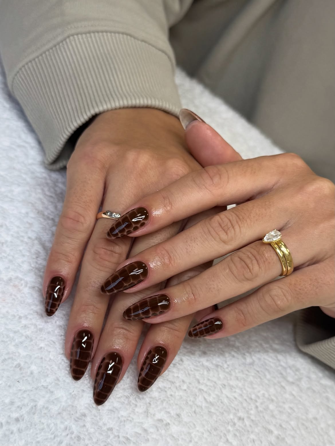 Glossy Brown Crocodile Embossed Stiletto Nails