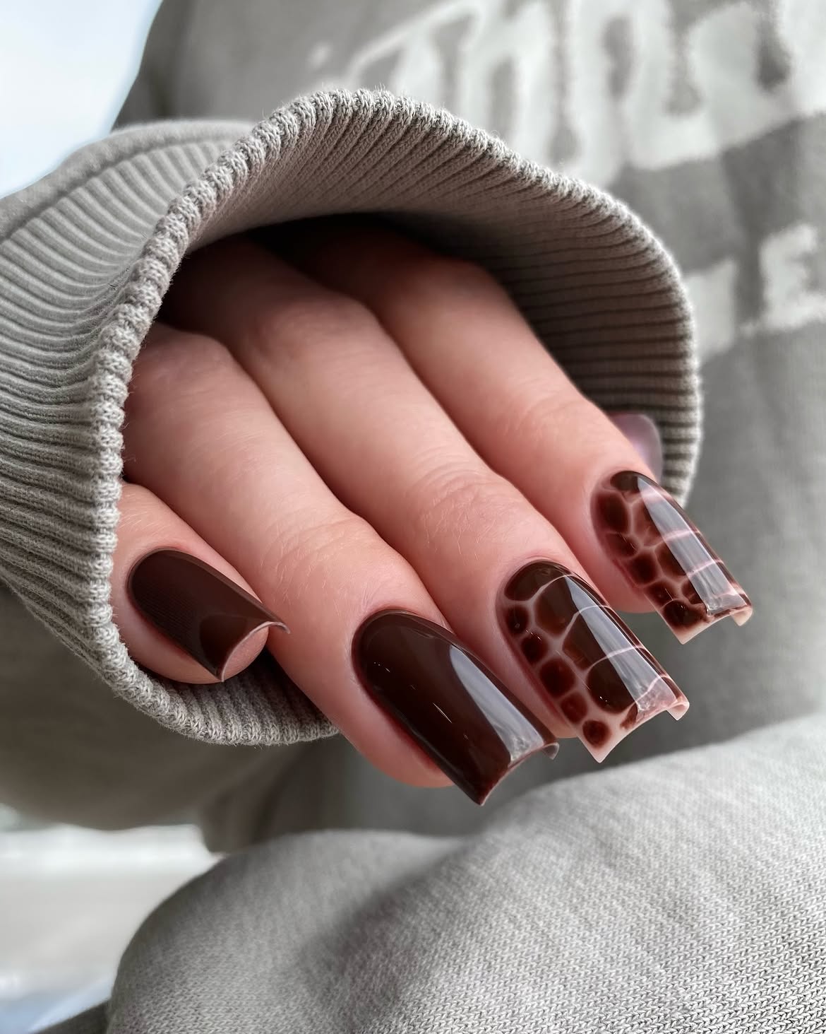 Glossy Chocolate Brown Square French Tip Nails