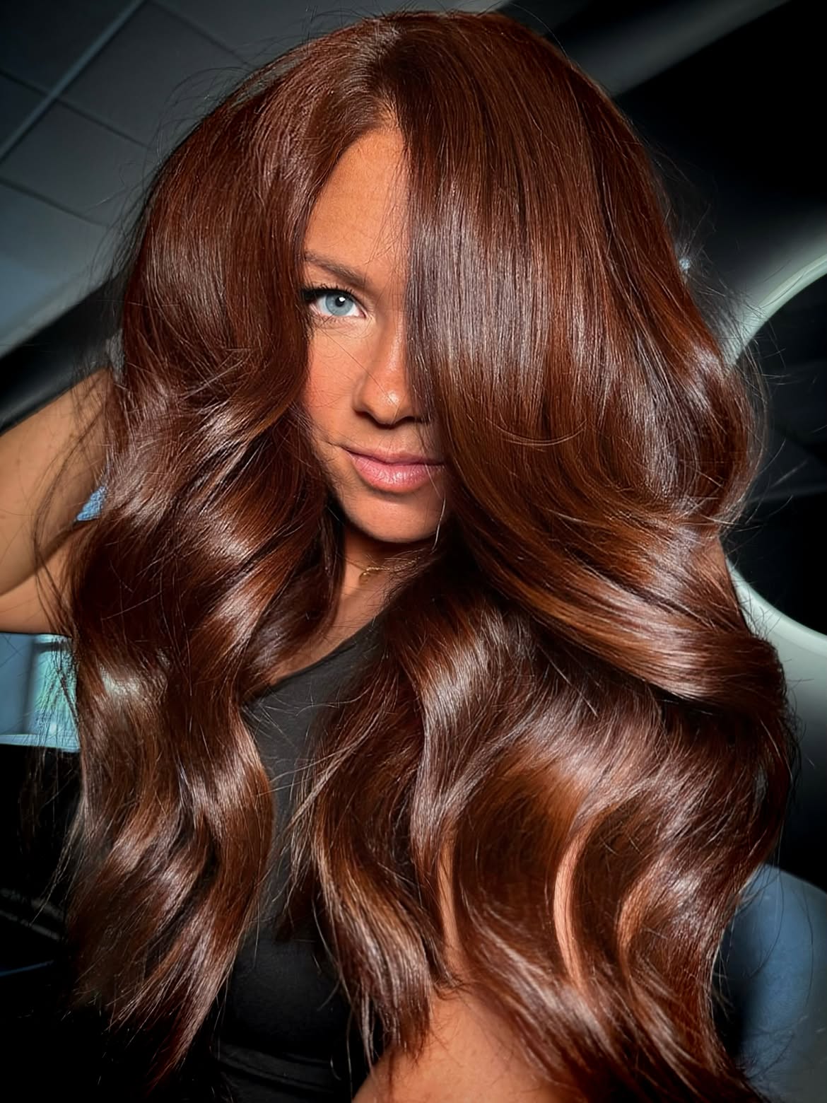 Glossy Copper Brown Waves With Face Framing Layers