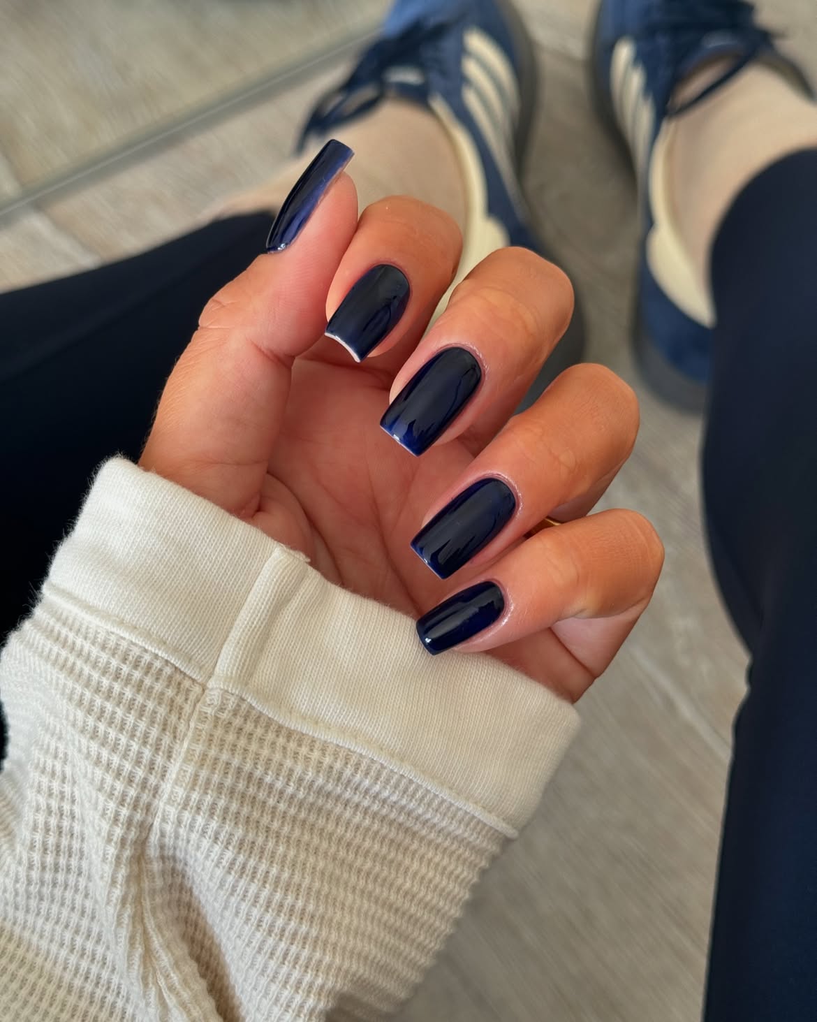 Glossy Deep Navy Square Nails with White Micro French