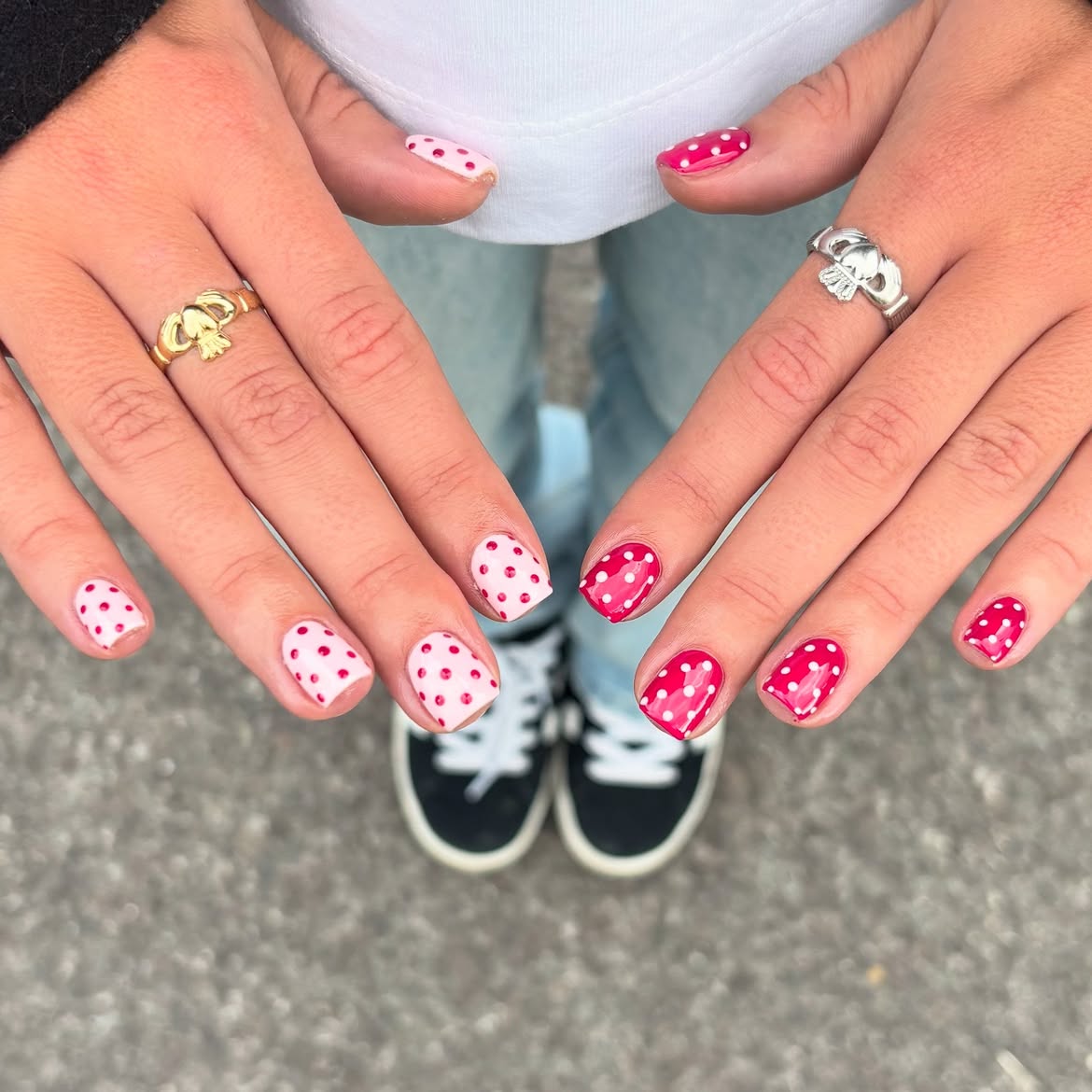 Glossy Pink And Red Polka Dot Nails