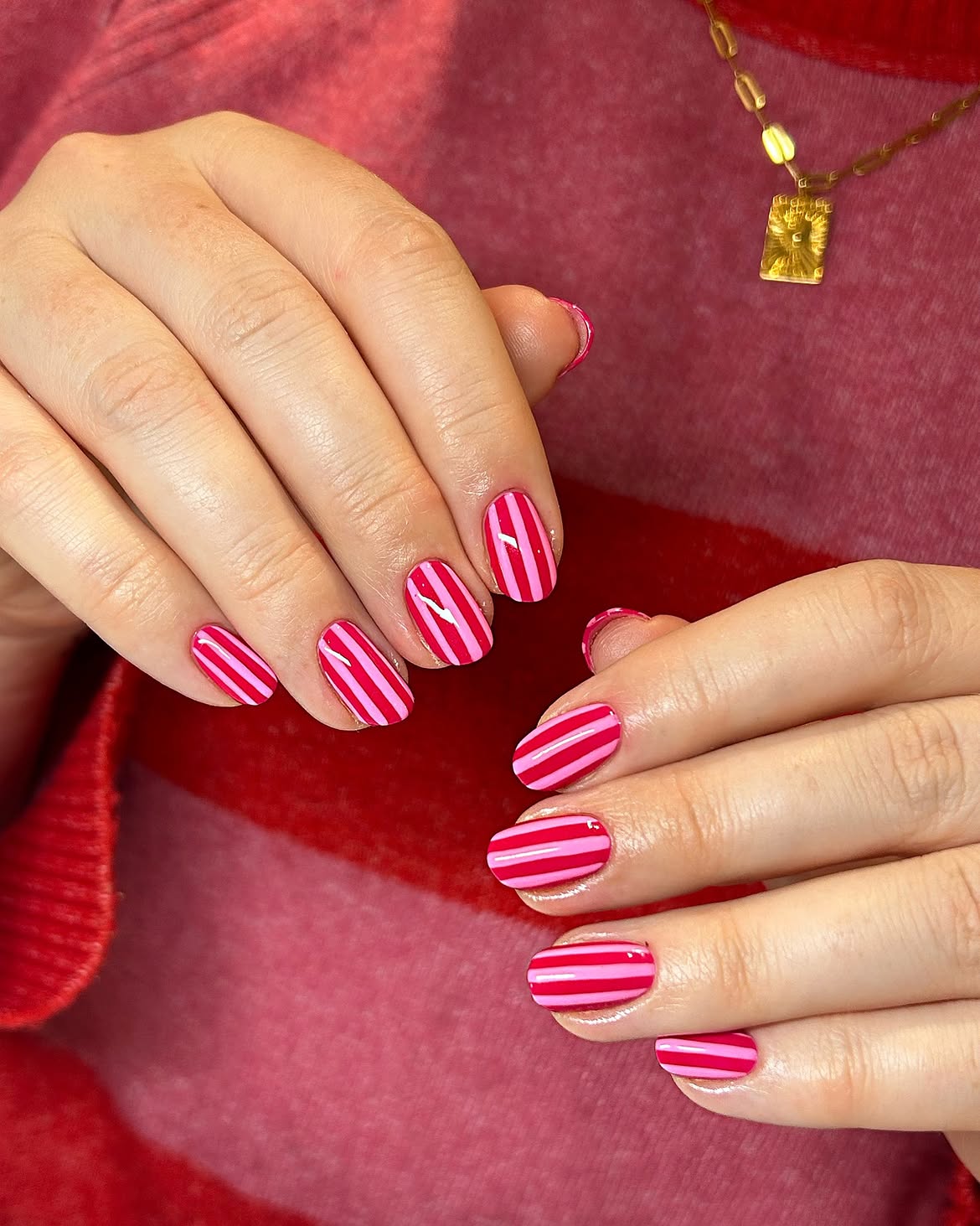 Glossy Pink and Red Vertical Stripe Nails