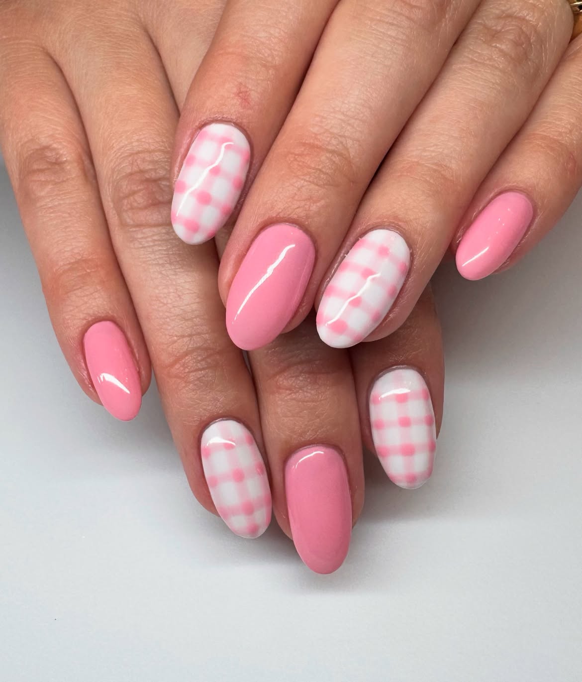 Glossy Pink And White Gingham Almond Nails