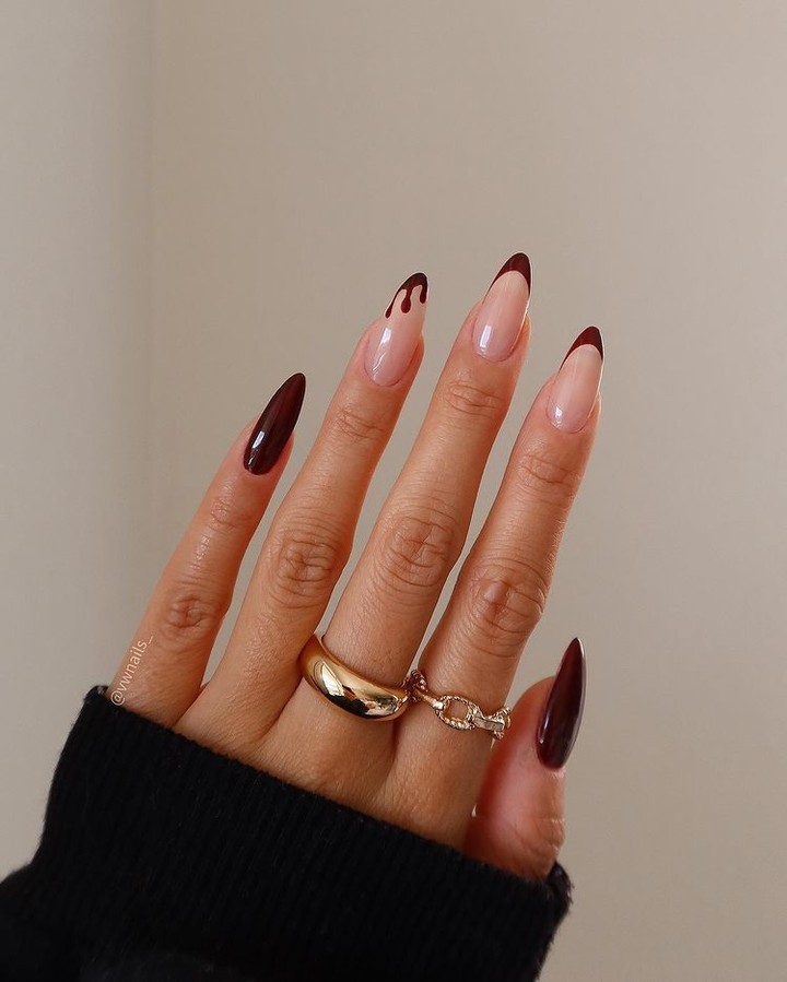 Gothic Dark Cherry Drip French Almond Nails