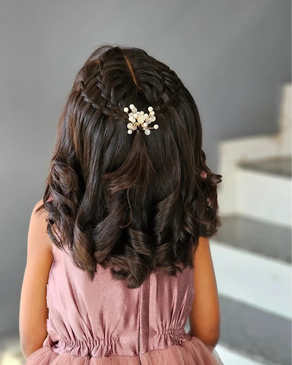 Half Up Waterfall Braid With Pearl Accessory