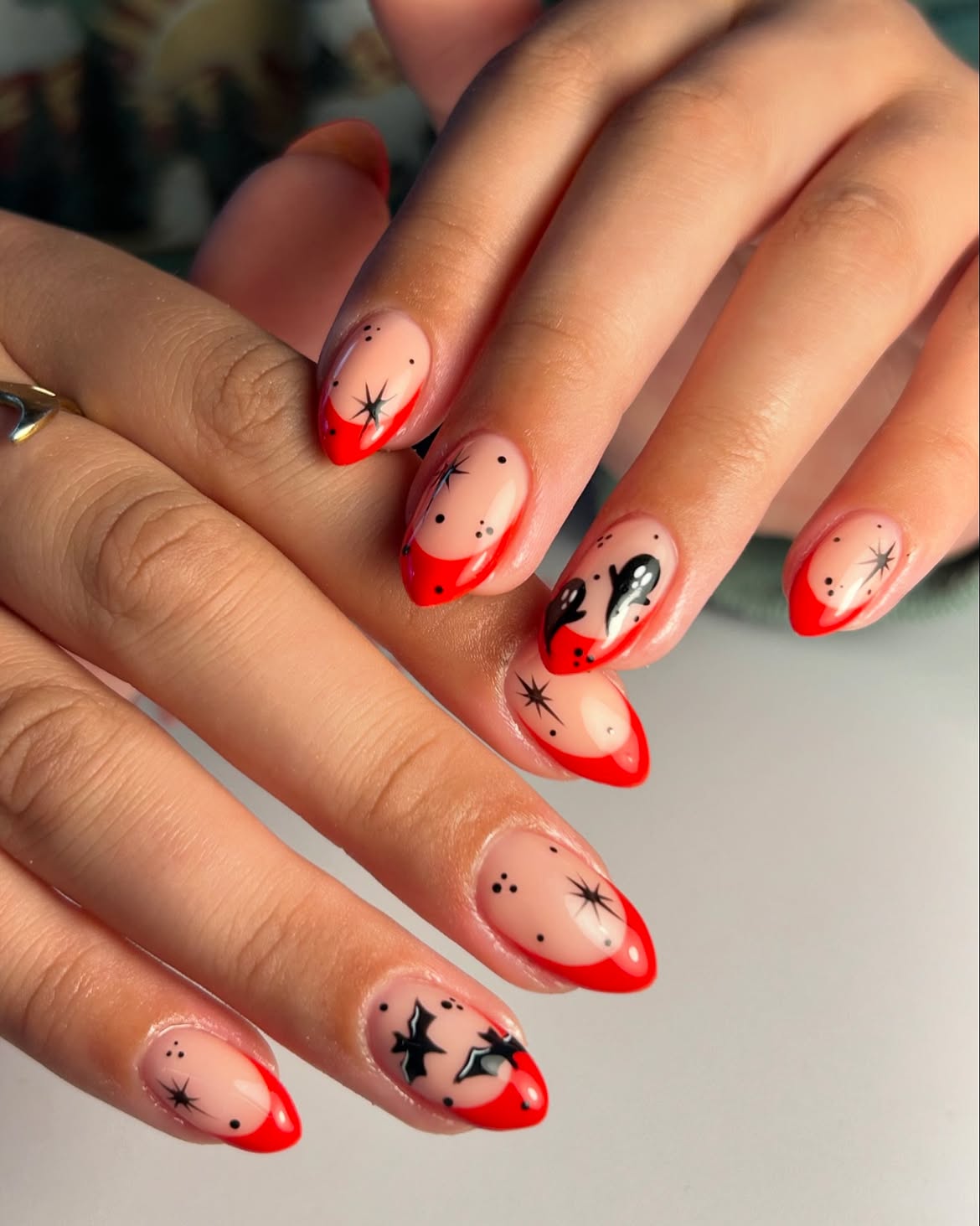 Halloween French Tip Nails with Ghosts and Bats