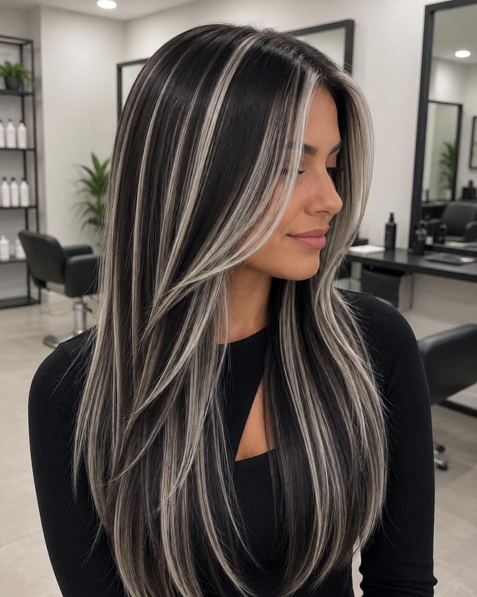 High Contrast Platinum Highlights On Jet Black Hair