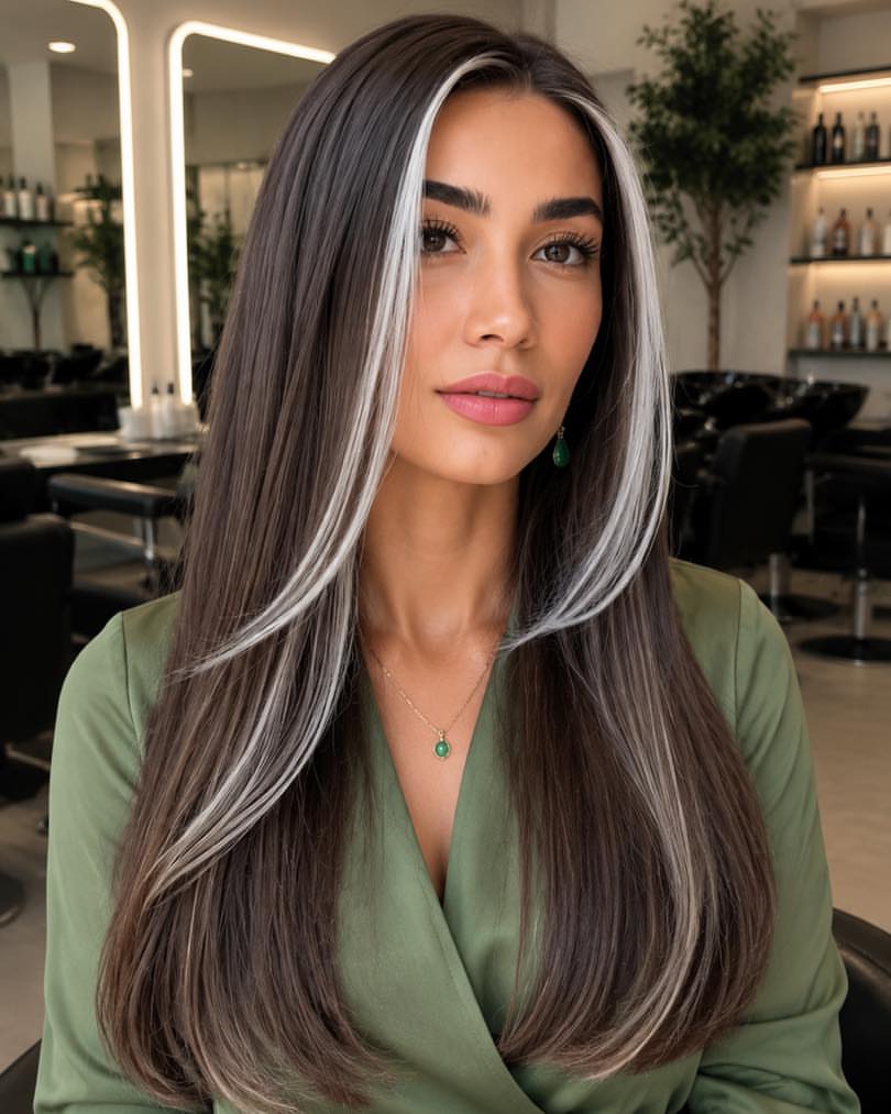 High Contrast Platinum Money Piece On Espresso Hair