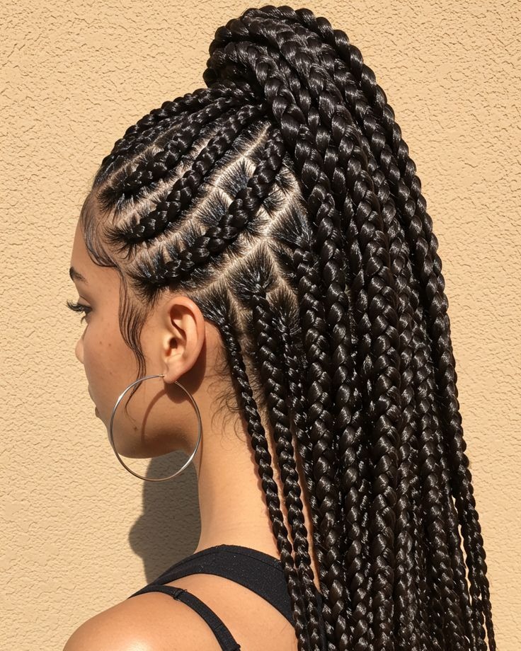 High Sleek Ponytail With Intricate Feed In Braids