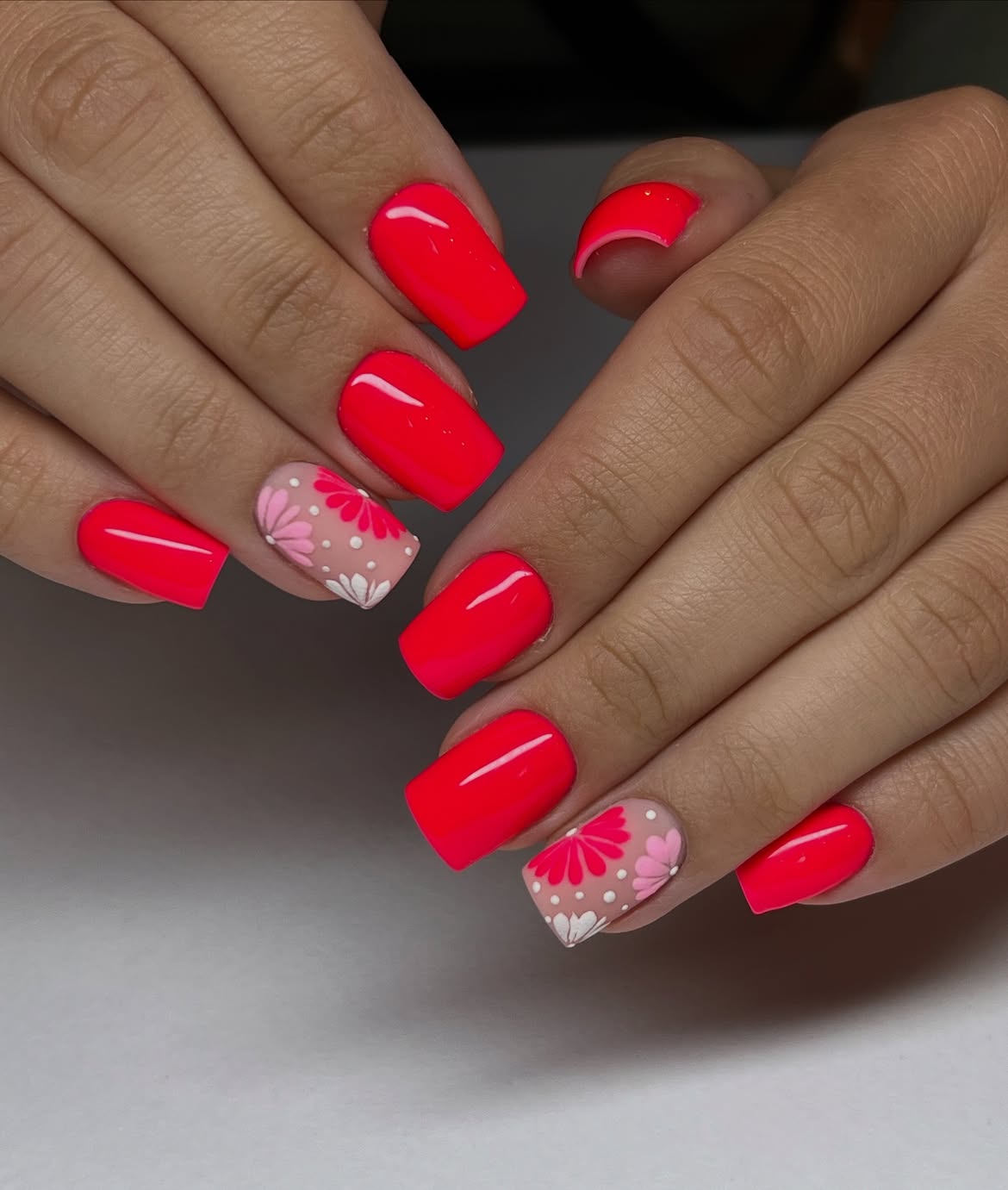 Hot Pink Square Nails With Daisy Accent Art