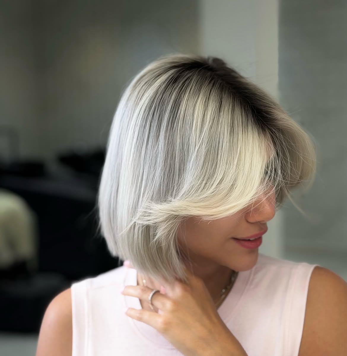 Icy Platinum Blonde Bob With Smoked Shadow Root