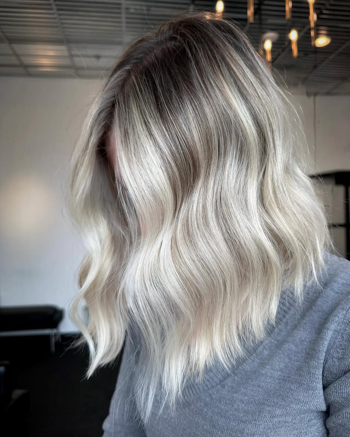 Icy Platinum Blonde Lob With Deep Shadow Root
