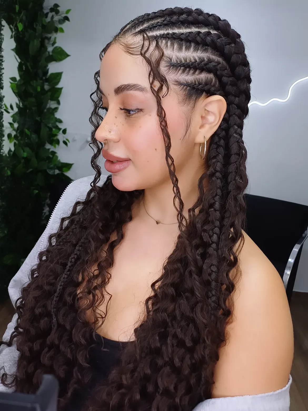 Intricate Feed In Braids With Curly Loose Ends