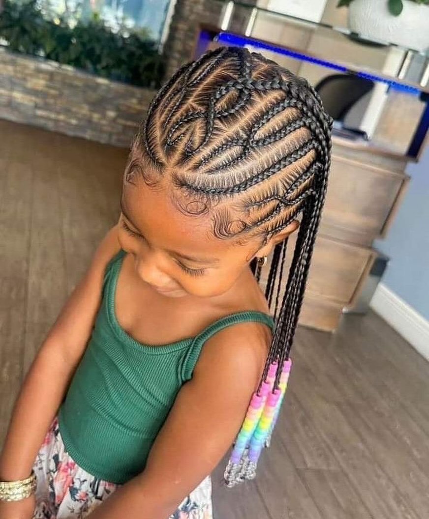Intricate Feed In Braids With Pastel Rainbow Beads