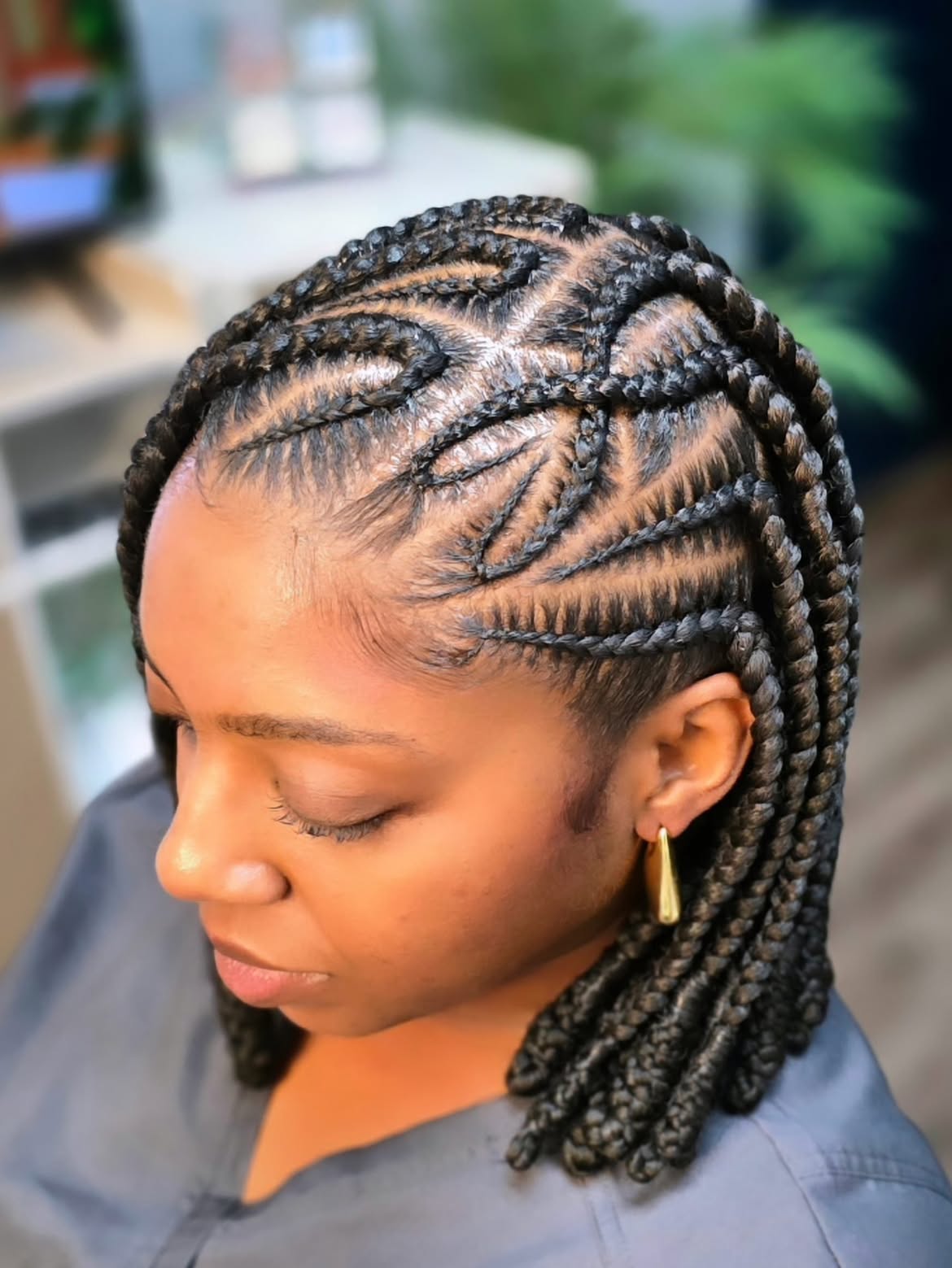 Intricate Geometric Cornrow Braids On Shoulder Length Hair
