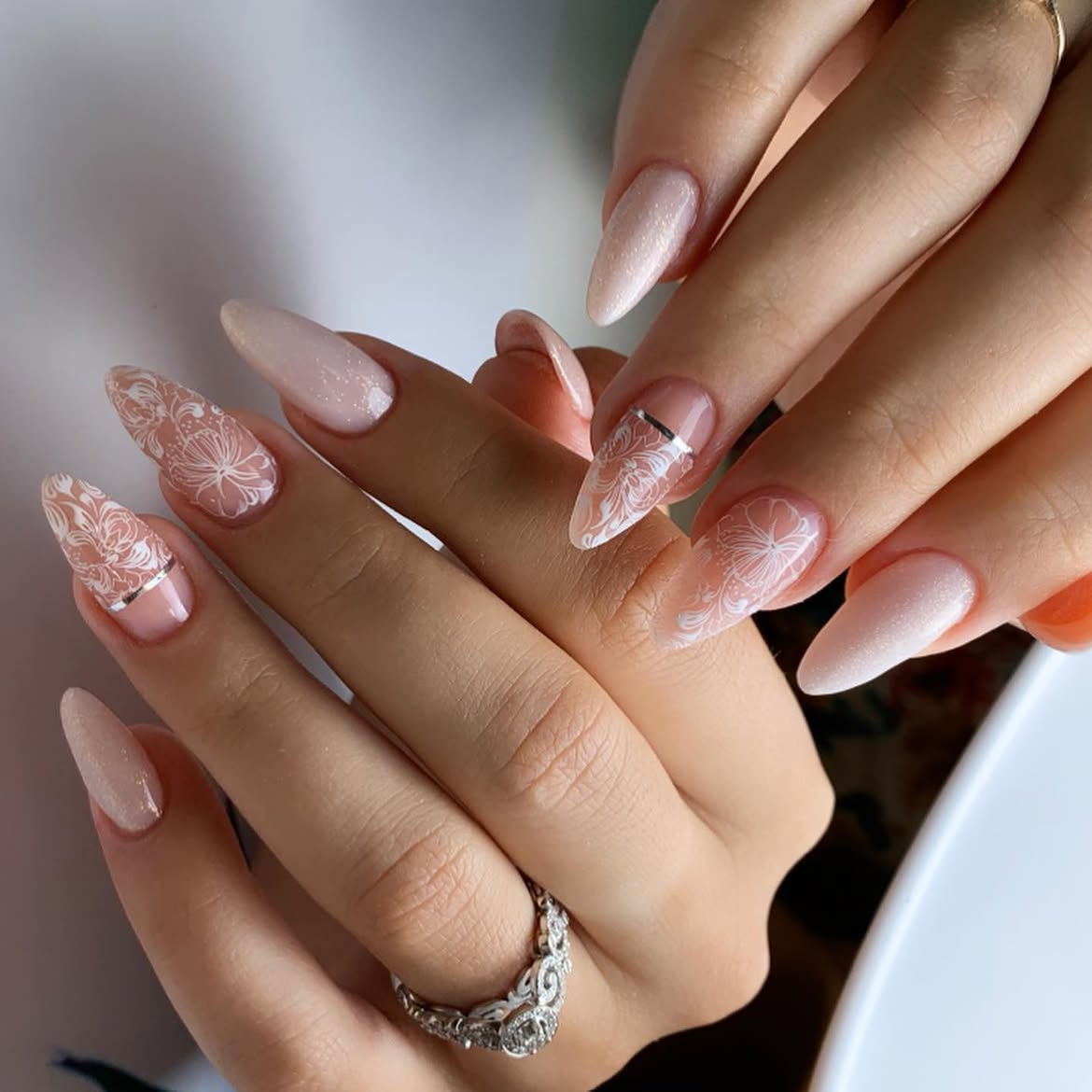 Lace Flower Almond Nails with Subtle Shimmer