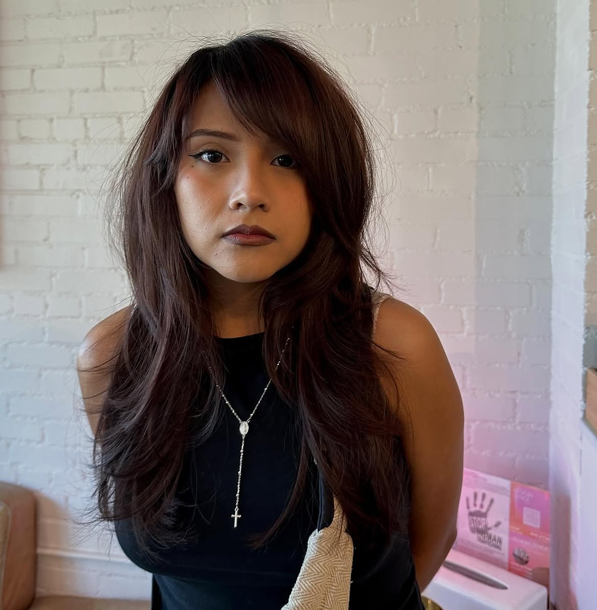 Layered Side Swept Bangs With Dark Chocolate Waves