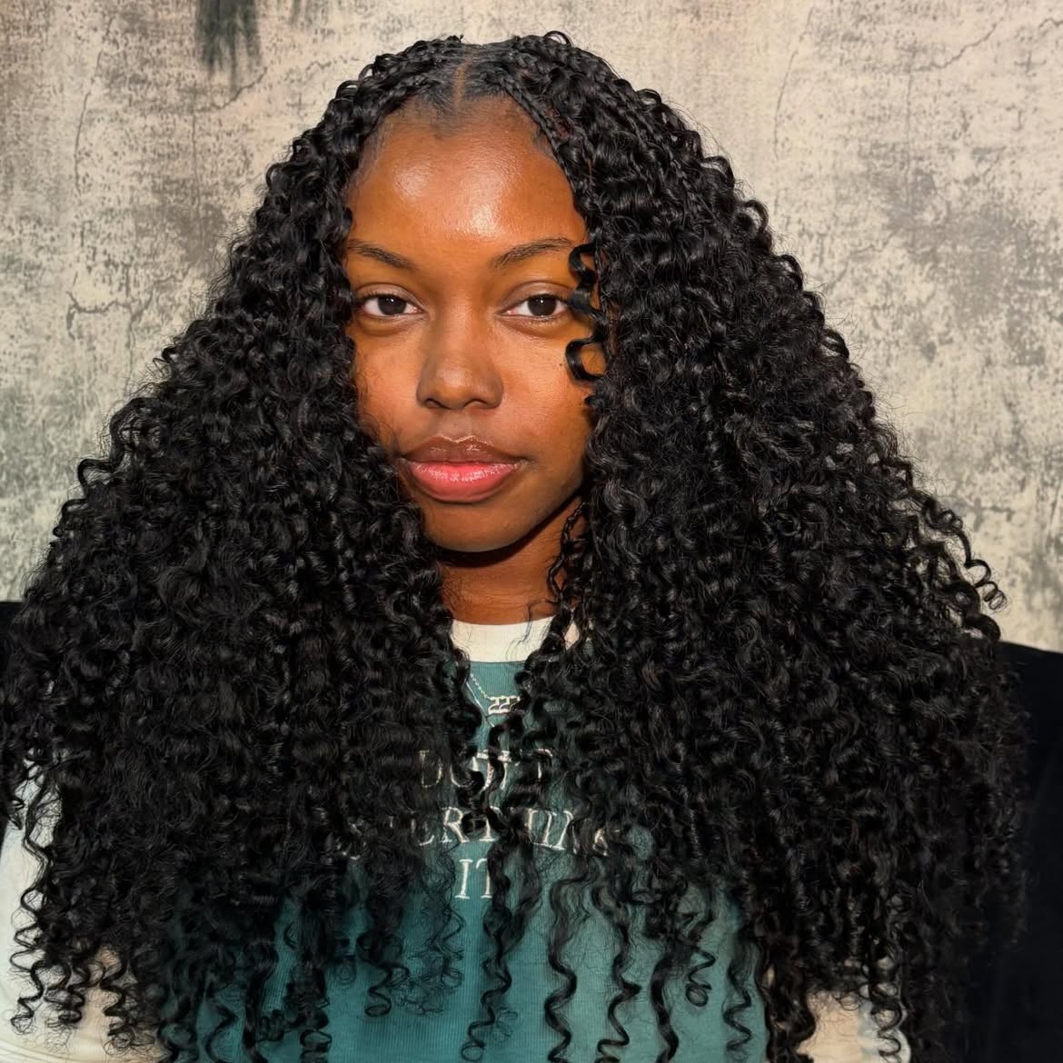 Long Curly Knotless Braids With Deep Jet Black