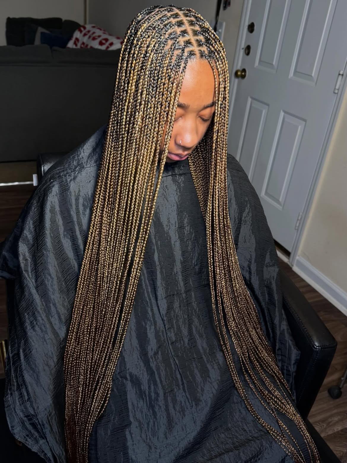 Long Honey Blonde Micro Braids With Dark Roots