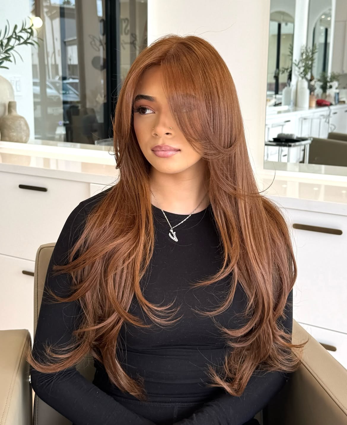 Long Layered Copper Brown With Face Framing Bangs
