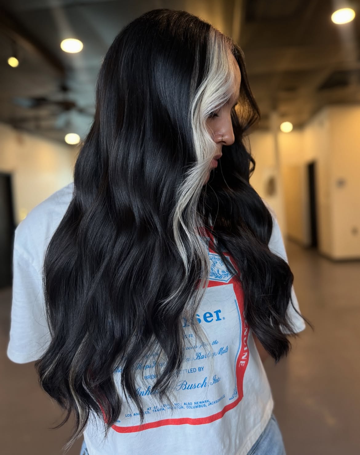 Long Wavy Black Hair With Bold Platinum Money Piece