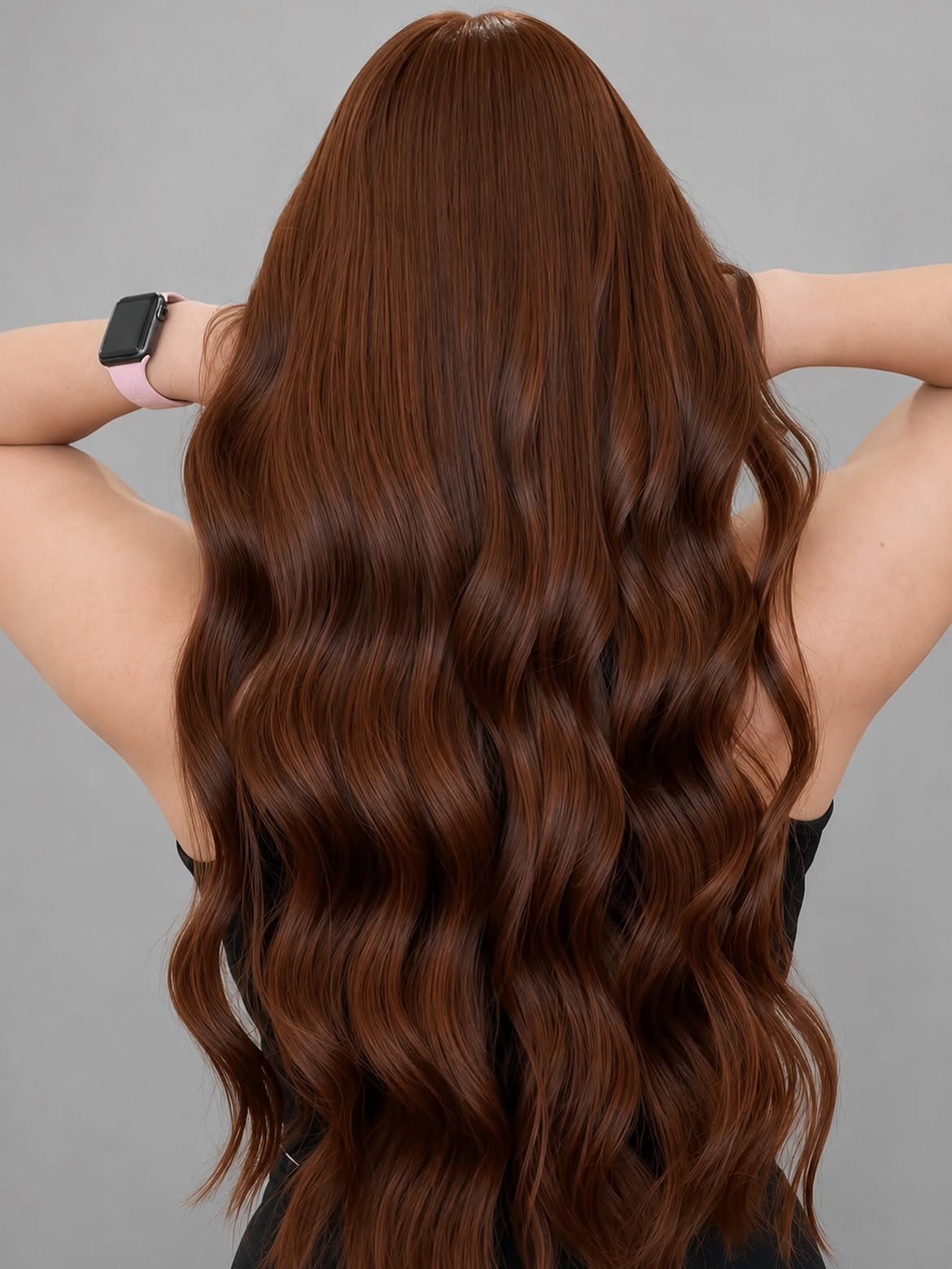 Long Wavy Copper Brown Hair With Glossy Finish