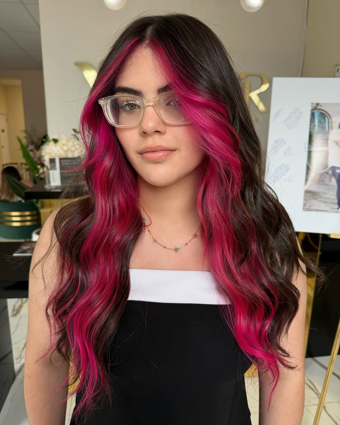 Long Wavy Dark Hair With Hot Pink Money Piece