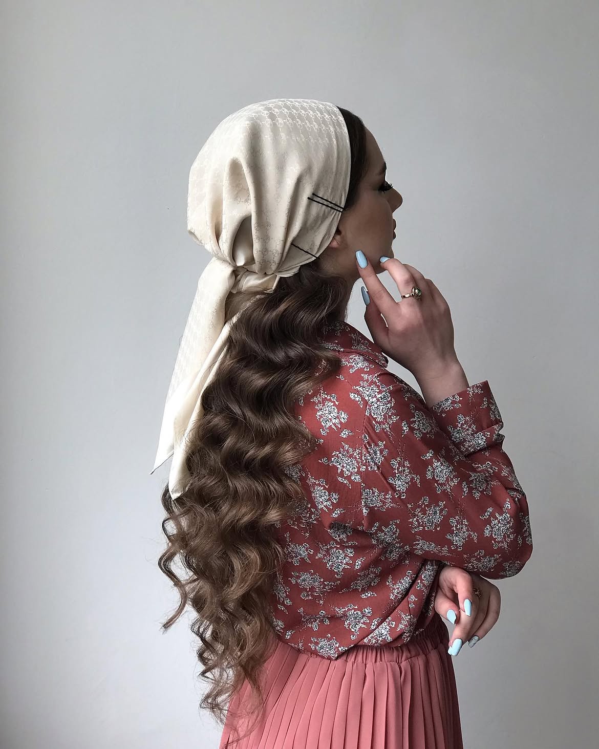 Long Wavy Hair With Elegant Silk Headscarf