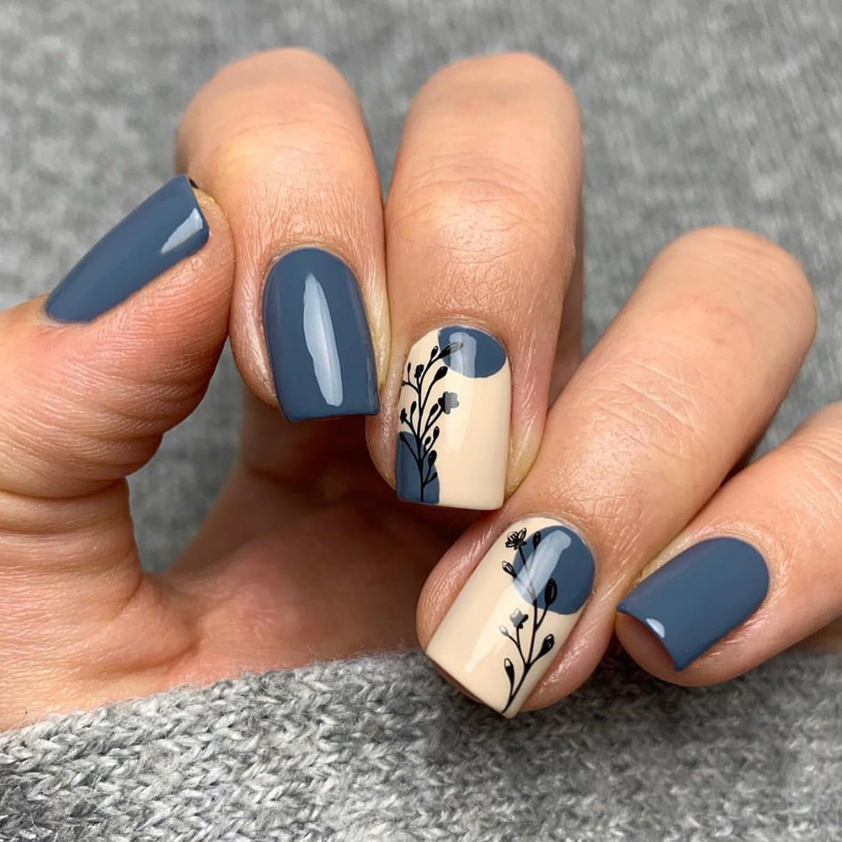 Matte Blue & Nude Floral Accent Nails