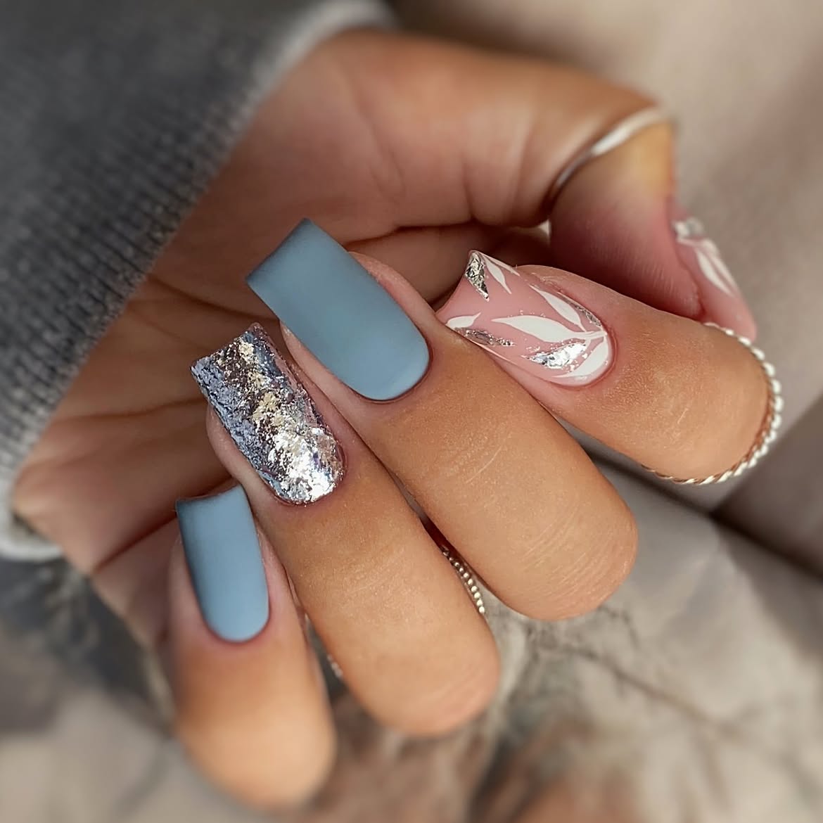 Matte Blue Square Nails with Silver Foil Accent