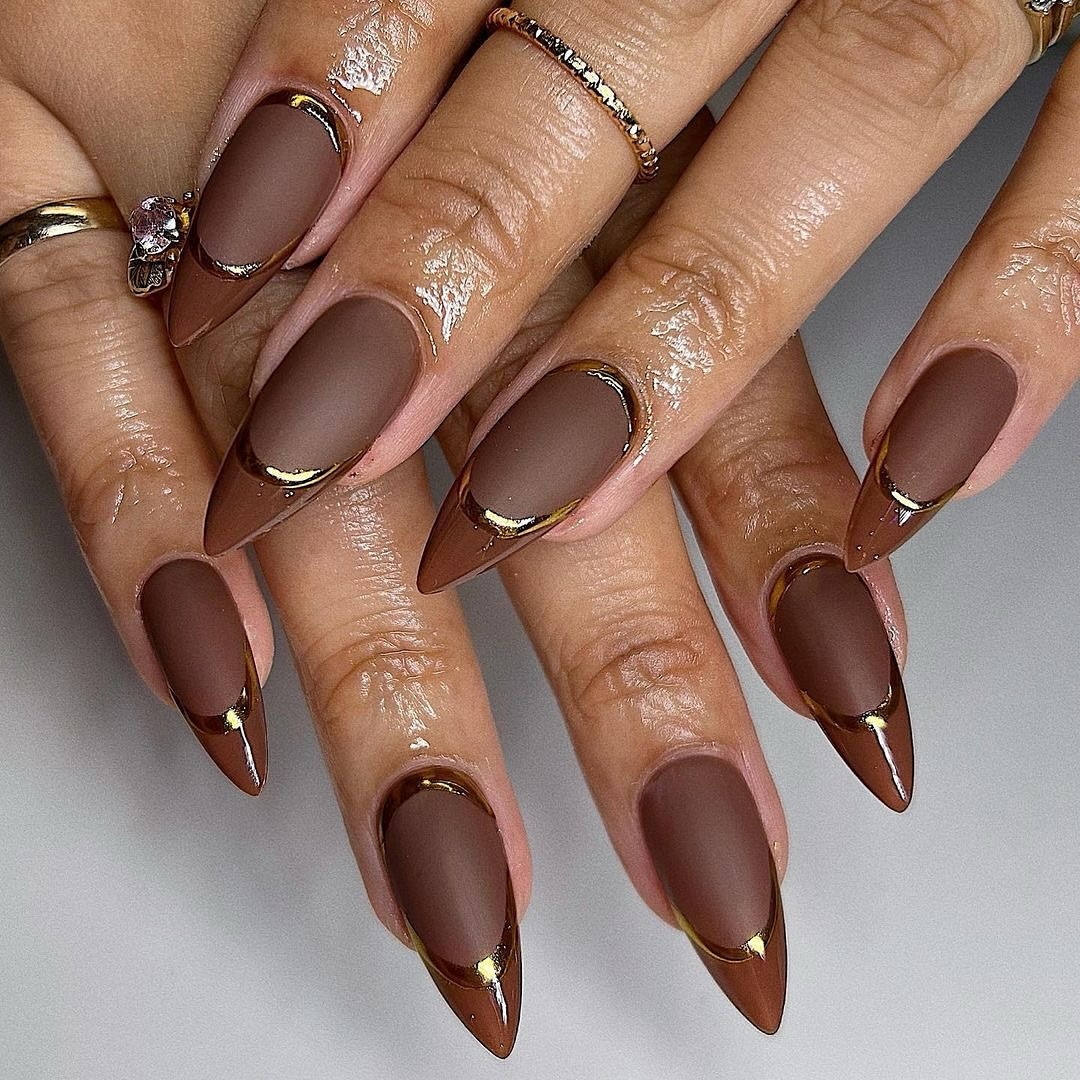 Matte Chocolate Brown Stiletto Nails with Gold French Tips