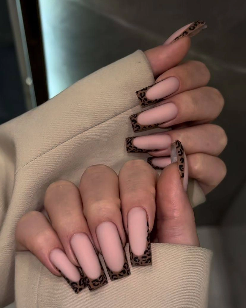 Matte Pink French Tips With Leopard Print Accent
