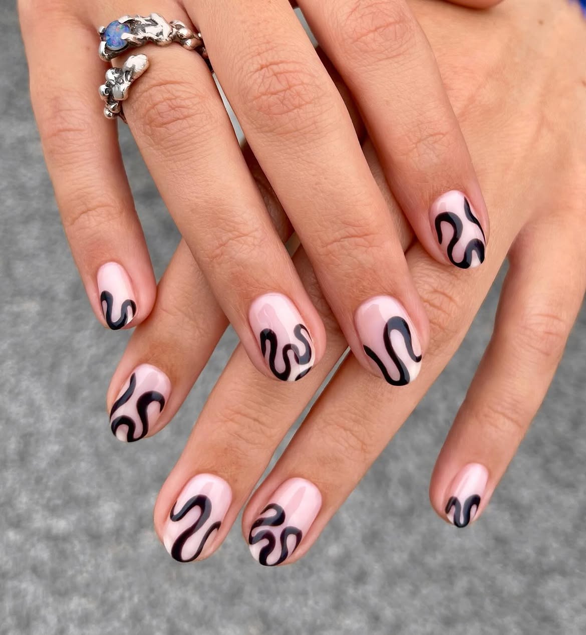 Milky Pink Nails with Black Swirl Art