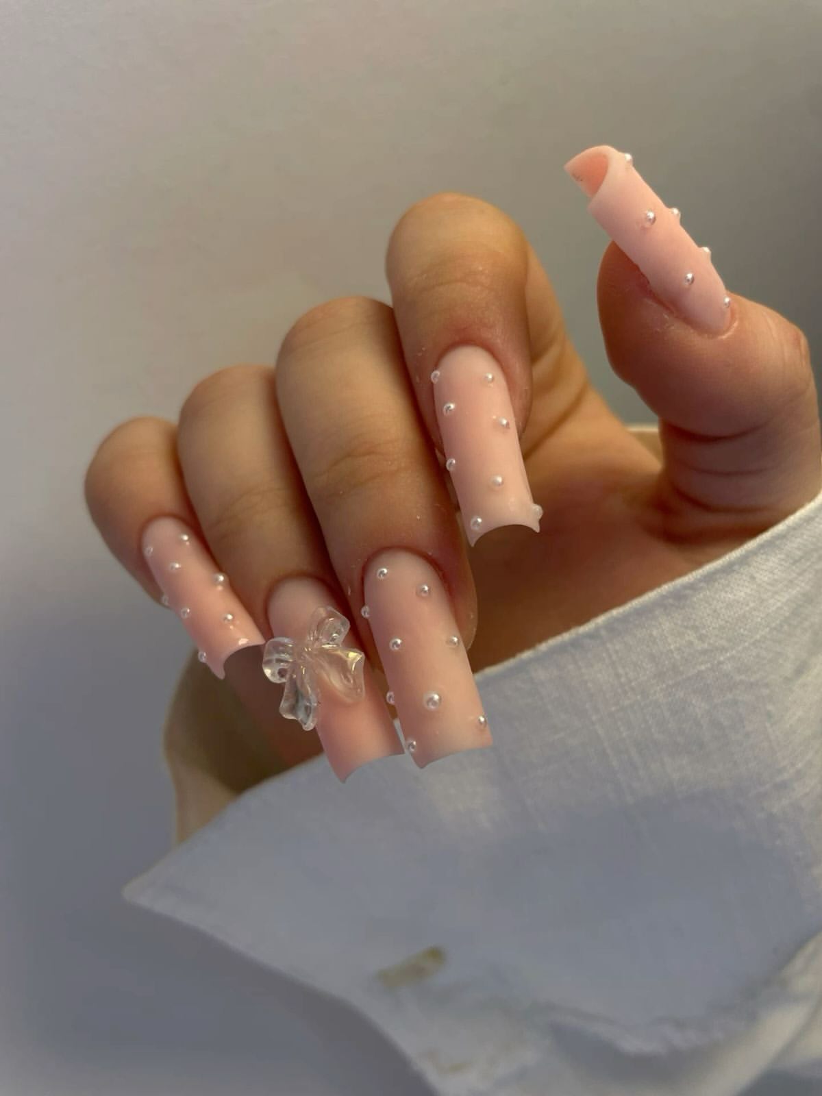 Milky Pink Pearl Embellished Coffin Nails
